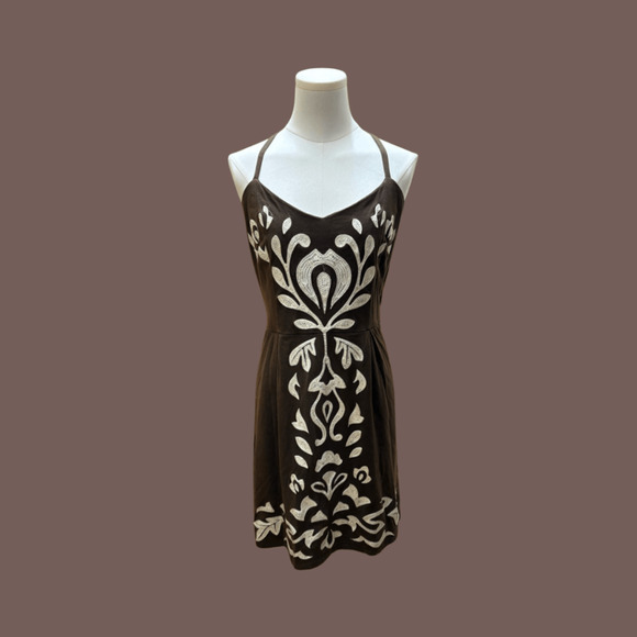 INC Embroidered Mini Dress | Brown Gold | Size M/L | Vintage - Picture 1 of 4